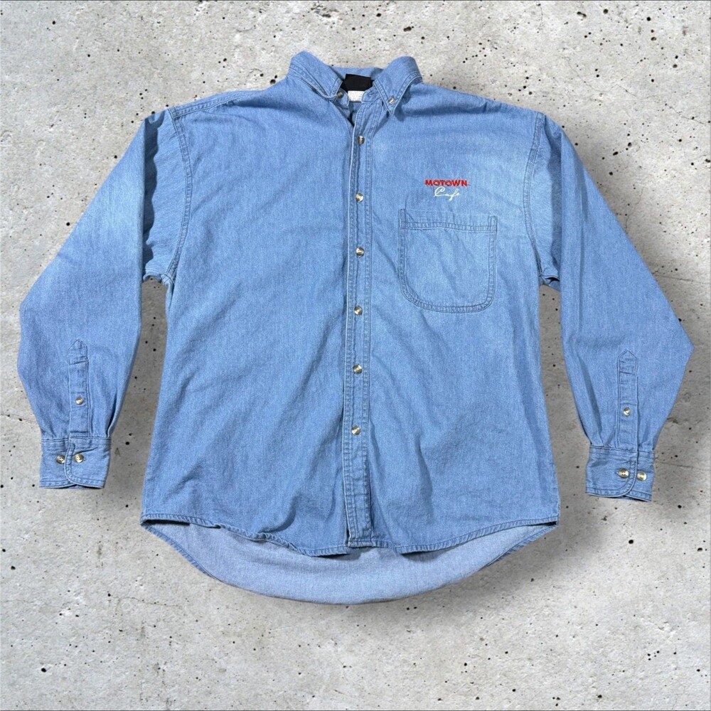 Vintage 90s Motown Cafe Las Vegas Denim Button Up Shirt Mens Medium Made In USA